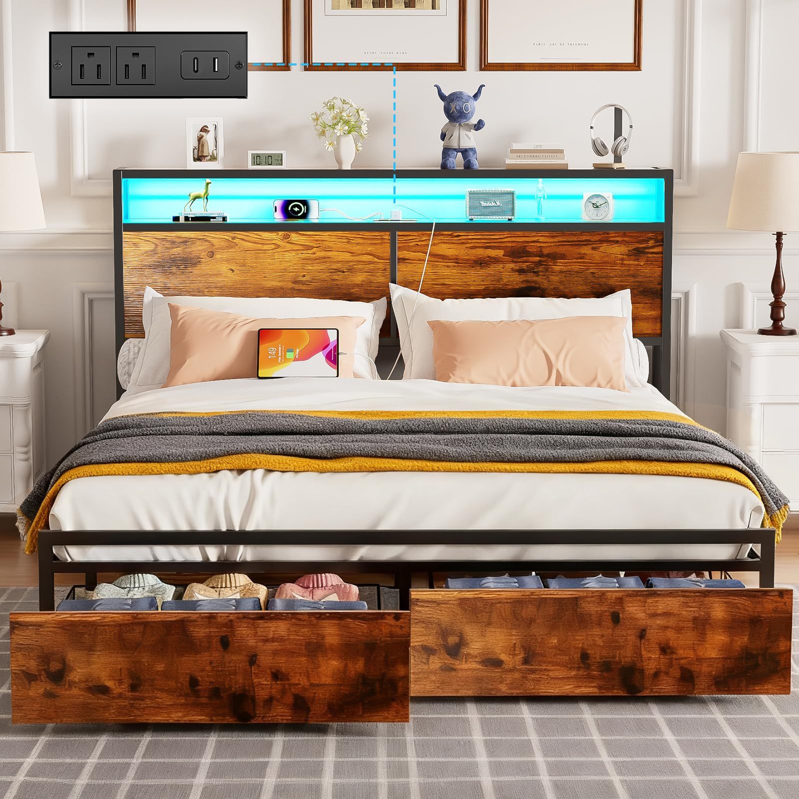 WELIKERA Bed Frame with 2 Drawers, King Bed Headboard Base with Led Lights, Bed Base with Headboard USB Charging Station and Storage Space, King Bed Bed Frame Easy Assembly