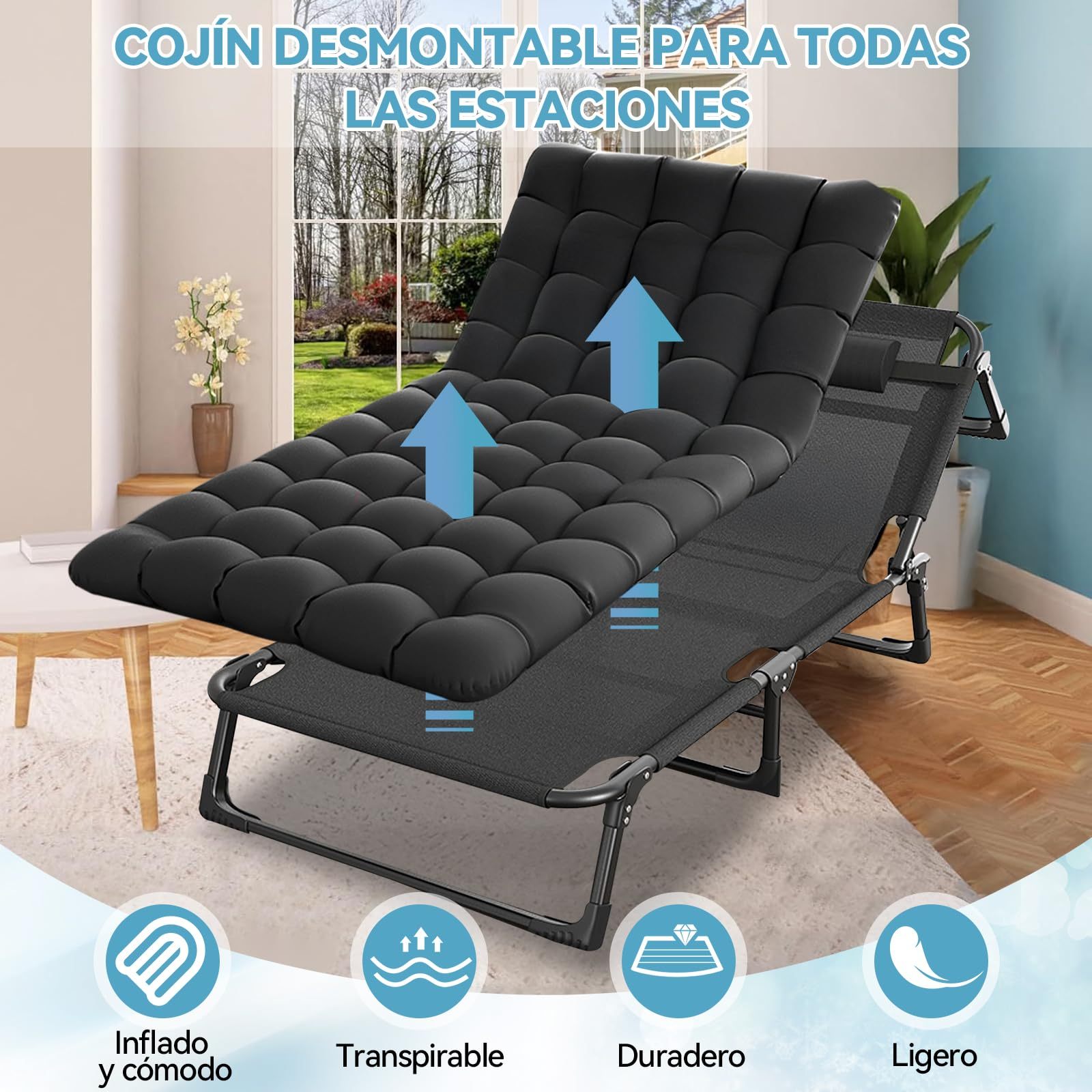 KACOTA Folding Outdoor Cot, Portable Camping Bed for Sleeping Adults, 4 Adjustable Positions, with Mattress and Pillows, Single Portable Bed for Office, Home and House Nap