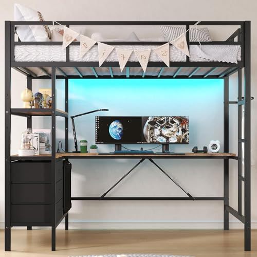Single Loft Bunk Bed with L-Desk and USB Charging, Loft Bed with RGB LED Lights, 3 Shelves and 3 Fabric Drawers, Sturdy Metal Frame, Bunk Bed with Storage for Kids and Teens