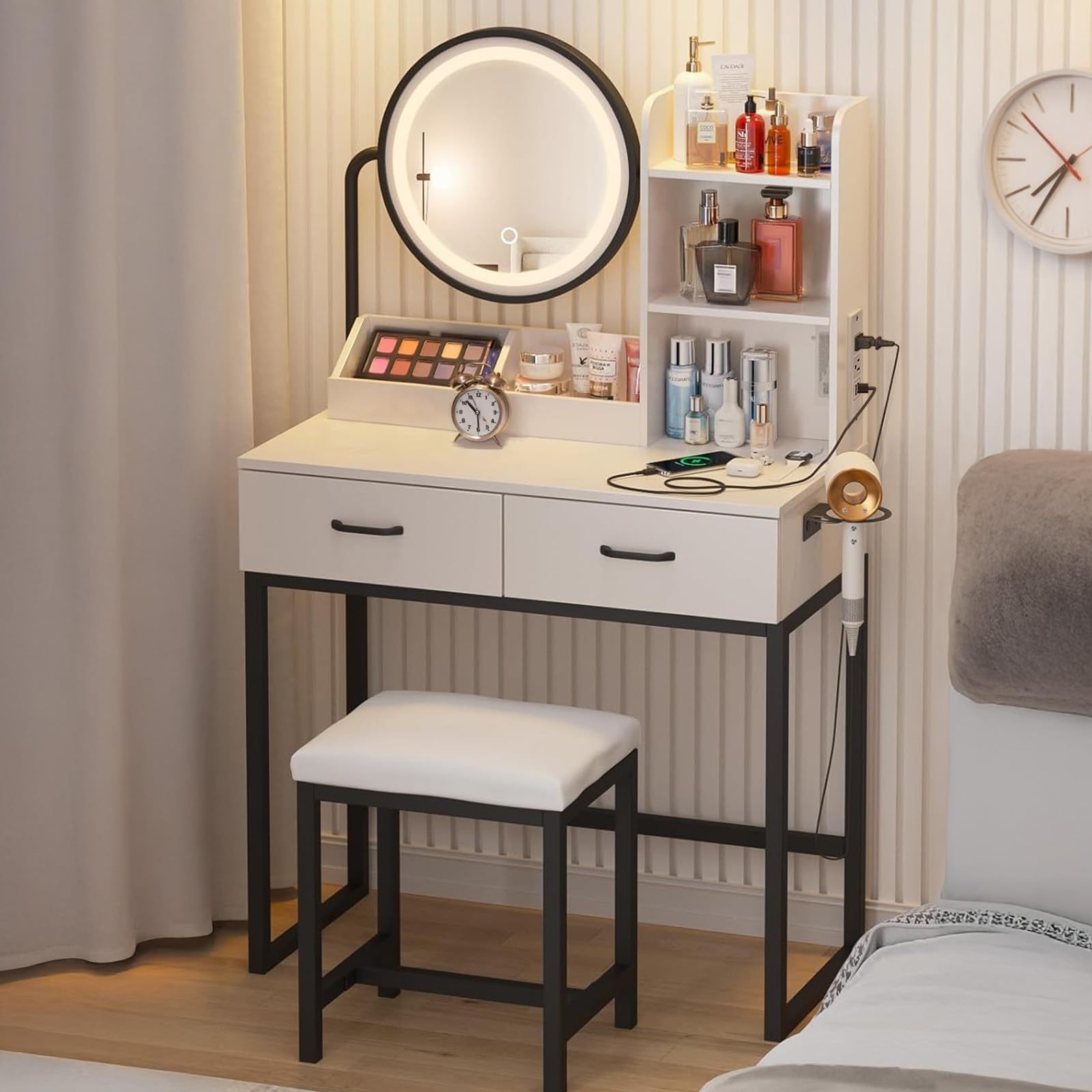 LINGLUCKY Makeup Dressing Table with LED Light Mirror, with Charging Station, Upholstered Stool, Large 2 Drawer Vanity Dressing Table, Minimalist Makeup Furniture, Modern and Luxury Dressing Table, White