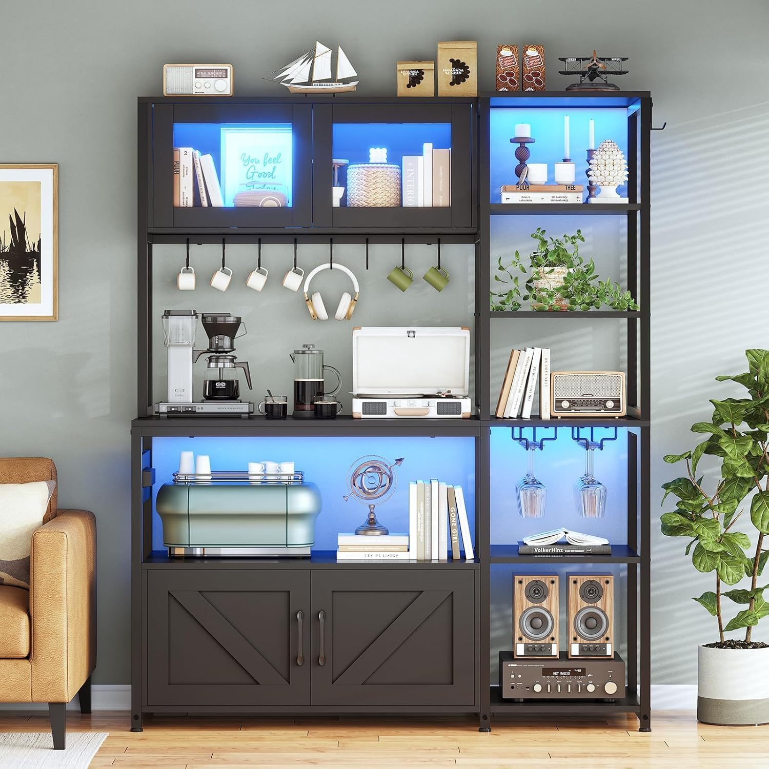 LOKOOY Kitchen Cabinets, Kitchen Shelf with Power Outlet and LED Light, Microwave Cabinet with Storage Space with 8 Hooks, Display Case, Cup Holder, 171×115cm Coffee Bar Furniture