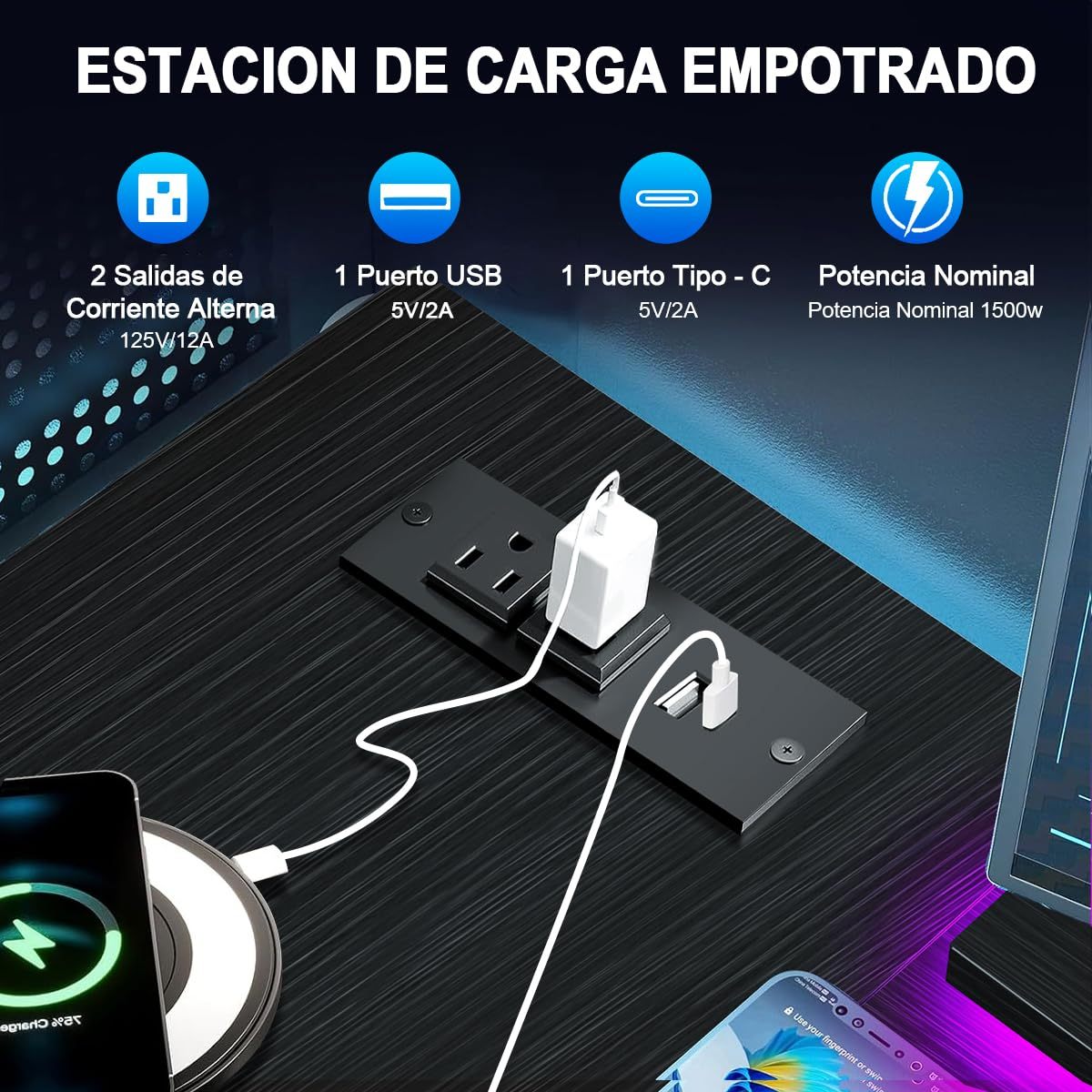 FURRIFIC 【Width 167cm】 Large Computer Desk with Power Strip and RGB LED Lights, Office and Gamer Desk in U/L, Gamer Table with Adjustable Monitor Stand, Black (167 x 100 x 75 cm)