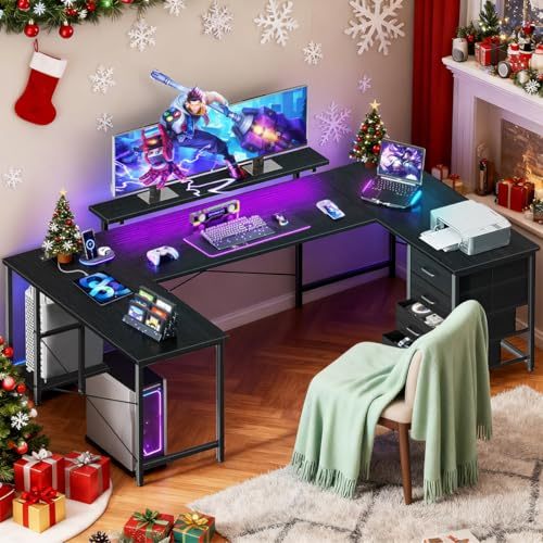 FURRIFIC 【Width 167cm】 Large Computer Desk with Power Strip and RGB LED Lights, Office and Gamer Desk in U/L, Gamer Table with Adjustable Monitor Stand, Black (167 x 100 x 75 cm)
