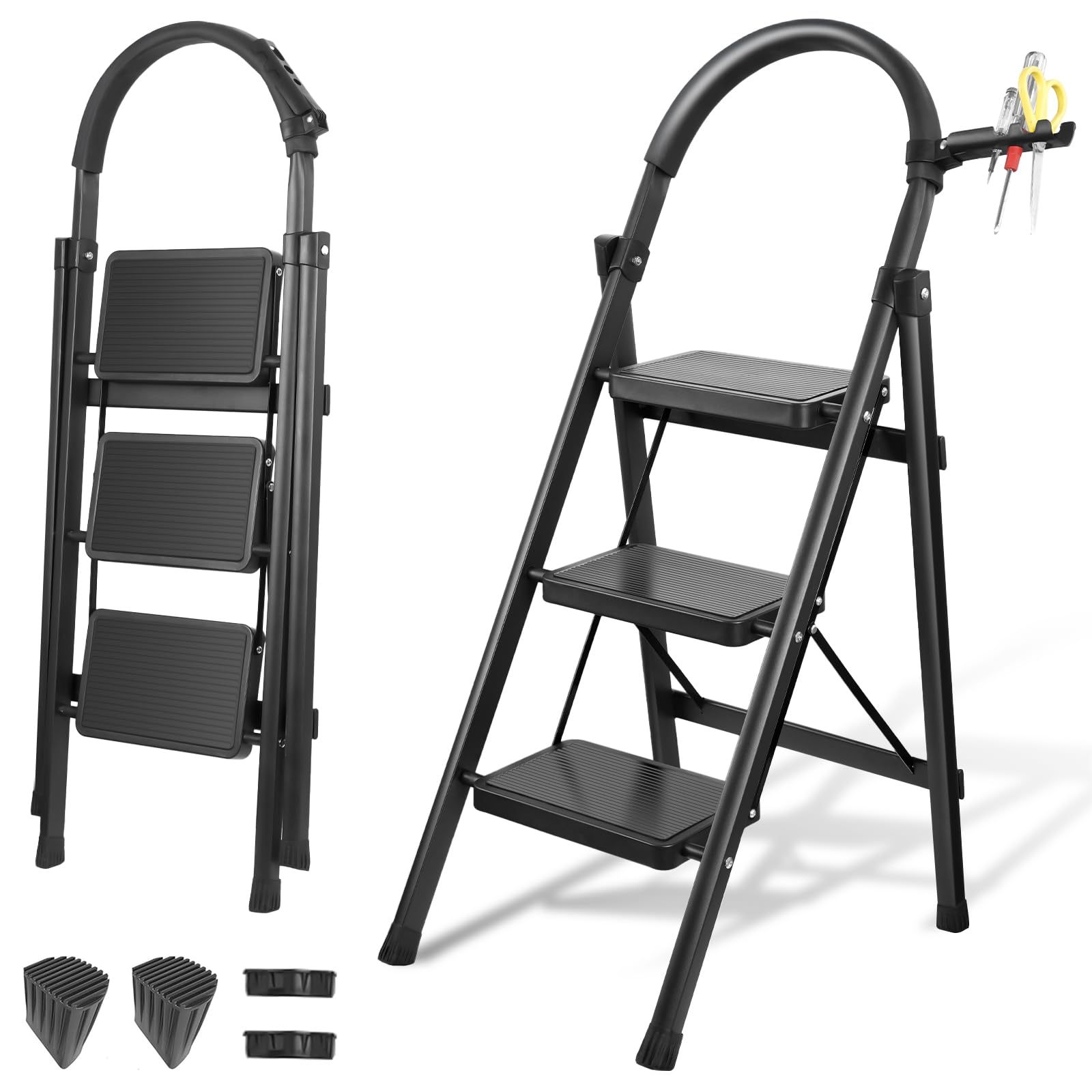 DASHLINE Folding 3-Step Step Ladder, with Non-Slip Stool and Tool Holder, 150 KG Capacity, Black, Ideal for House, Kitchen, Home and Office