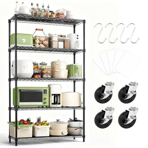 5 Tier Metal Storage Rack (90x35x150CM), Heavy Duty Organizer Shelf, Adjustable Organizer Rack, Shelf, 4 S-Hooks, 5 PP Board, Kitchen, Office, Pantry, Microwave