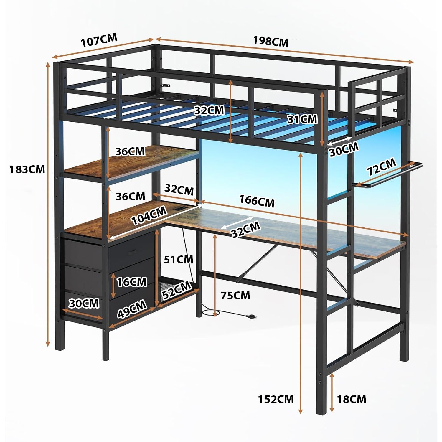 Single Loft Bunk Bed with L-Desk and USB Charging, Loft Bed with RGB LED Lights, 3 Shelves and 3 Fabric Drawers, Sturdy Metal Frame, Bunk Bed with Storage for Kids and Teens