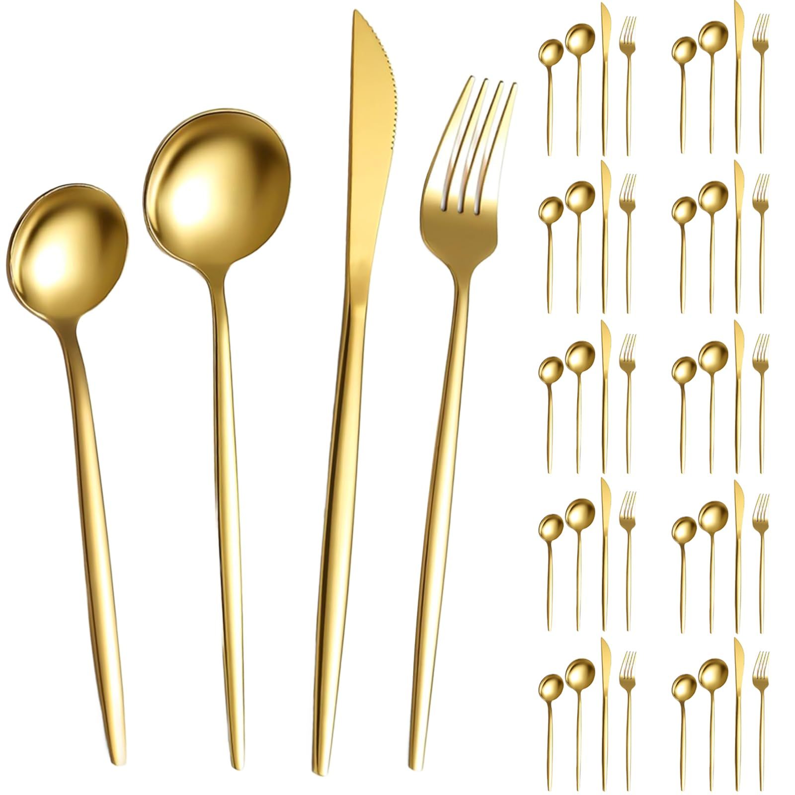 LINGLUCKY 40 Pieces 304 Stainless Steel Cutlery Set, Stainless Steel Set for 10, Includes Knives, Spoons, Kitchen Utensils, Ideal for Family Gatherings and Everyday Use(Gold)