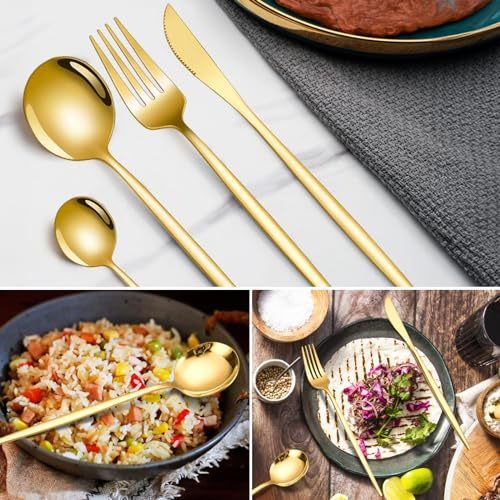 LINGLUCKY 40 Pieces 304 Stainless Steel Cutlery Set, Stainless Steel Set for 10, Includes Knives, Spoons, Kitchen Utensils, Ideal for Family Gatherings and Everyday Use(Gold)