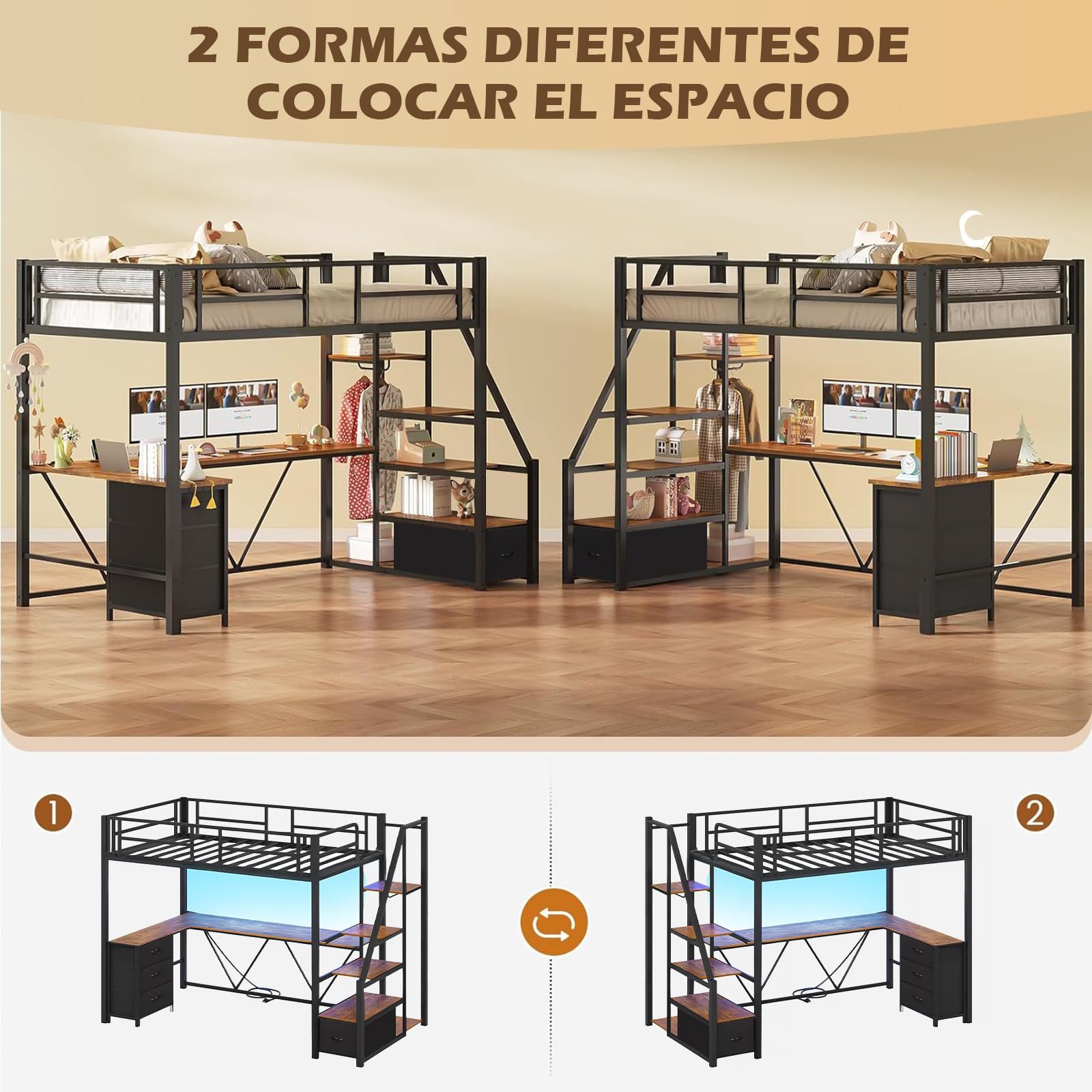 FURRIFIC Bunk Bed with L-Desk and Wardrobe, Metal Ladder Loft Bed with Drawers, LED and USB Ports, for Teens or Small Spaces (Single)