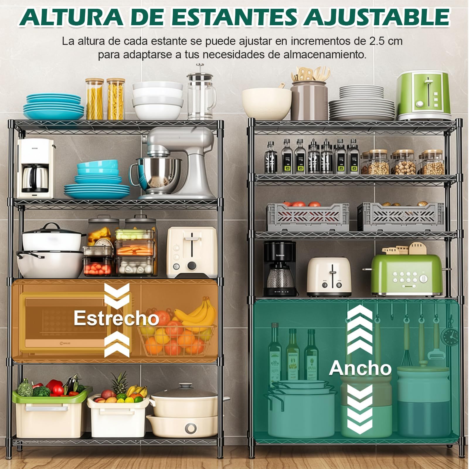 5 Tier Metal Storage Rack (90x35x150CM), Heavy Duty Organizer Shelf, Adjustable Organizer Rack, Shelf, 4 S-Hooks, 5 PP Board, Kitchen, Office, Pantry, Microwave