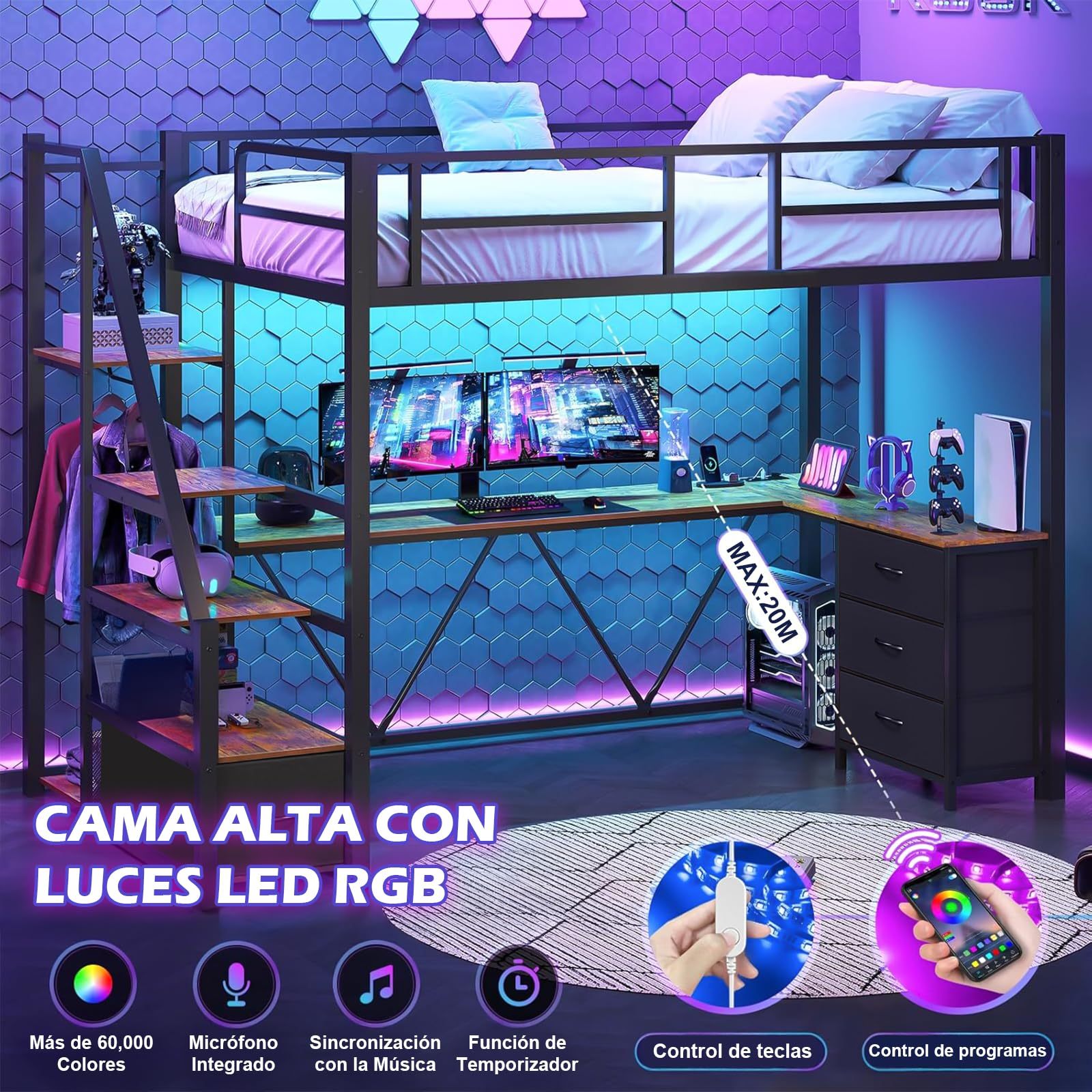 FURRIFIC Bunk Bed with L-Desk and Wardrobe, Metal Loft Bed with Ladder with Drawers, LED and USB Ports, for Teens or Small Spaces (Queen)