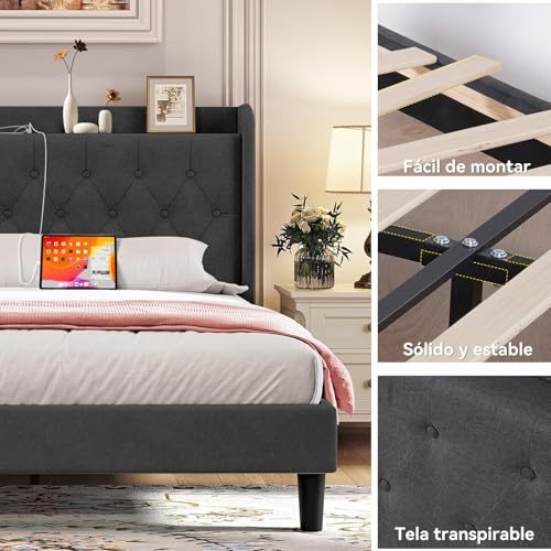 QYIKLPY Double Bed Base with Storage Headboard, Upholstered Bed Base with Charging Station (USB/Type-C), Thickened and Wear-Resistant Fabric, Adjustable Height, 0-35cm Mattress