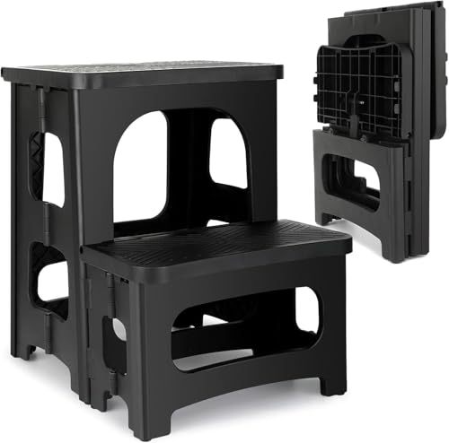 DASHLINE Folding 3-Step Step Ladder, with Non-Slip Stool and Tool Holder, 150 KG Capacity, Black, Ideal for House, Kitchen, Home and Office