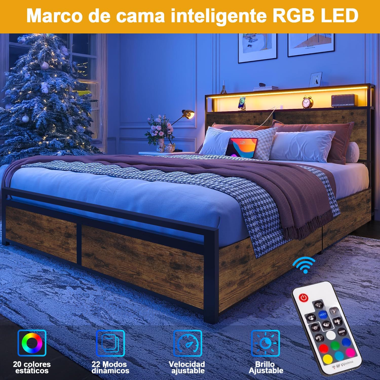 Bed Frame with 4 Drawers, Double Bed Base Headboard with Led Lights, Bed Base with Headboard USB Charging Station and Storage Space, Double Bed Bed Frame Easy Assembly