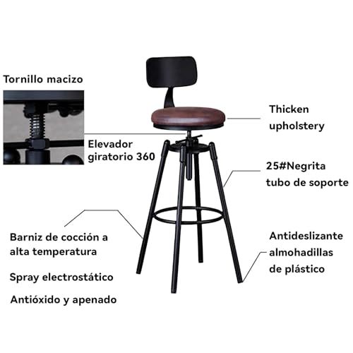 GARUISKY Adjustable Bar Chairs with Backrest and Padded Seat - High Metal Bench for Kitchen and Bar - Industrial Style