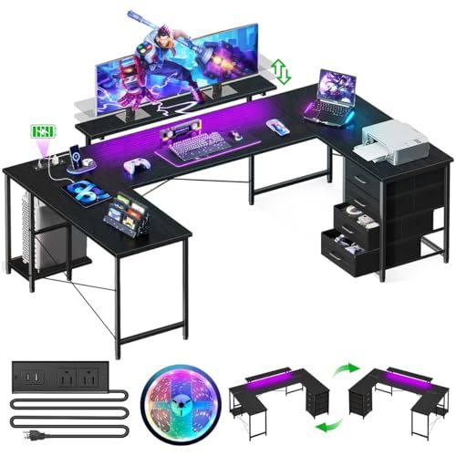 FURRIFIC 【Width 167cm】 Large Computer Desk with Power Strip and RGB LED Lights, Office and Gamer Desk in U/L, Gamer Table with Adjustable Monitor Stand, Black (167 x 100 x 75 cm)