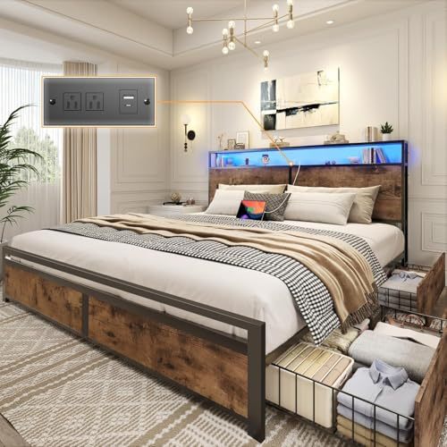 Bed Frame with 4 Drawers, Double Bed Base Headboard with Led Lights, Bed Base with Headboard USB Charging Station and Storage Space, Double Bed Bed Frame Easy Assembly