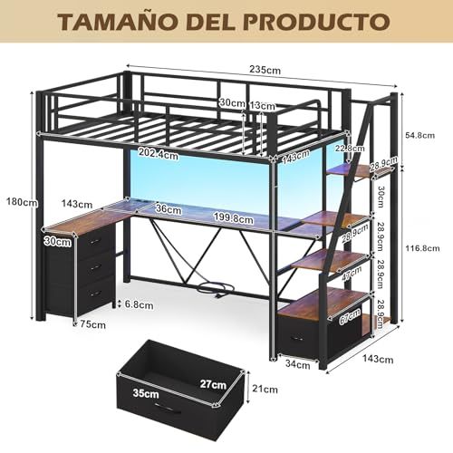 FURRIFIC Bunk Bed with L-Desk and Wardrobe, Metal Loft Bed with Ladder with Drawers, LED and USB Ports, for Teens or Small Spaces (Queen)