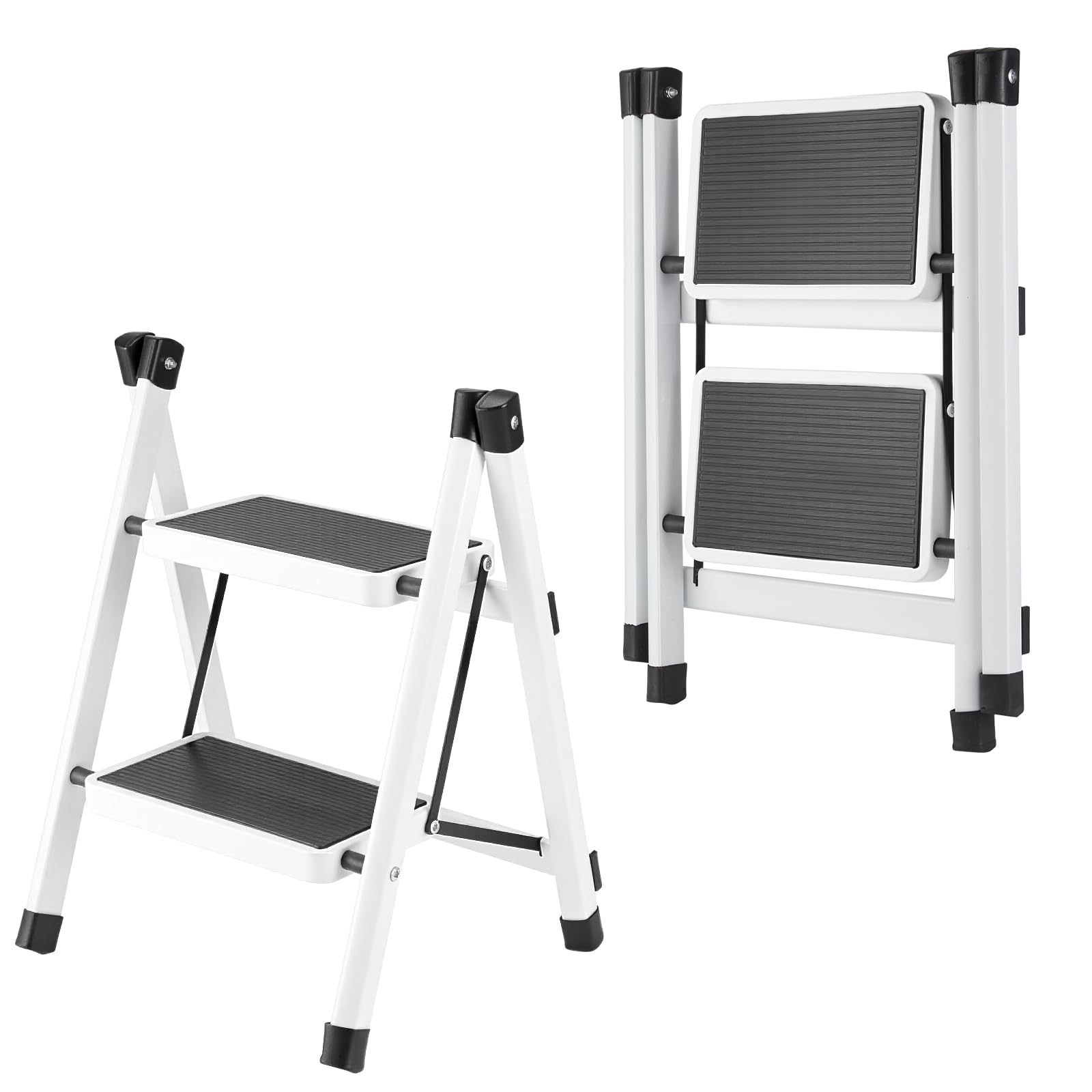 DASHLINE Folding 3-Step Step Ladder, with Non-Slip Stool and Tool Holder, 150 KG Capacity, Black, Ideal for House, Kitchen, Home and Office