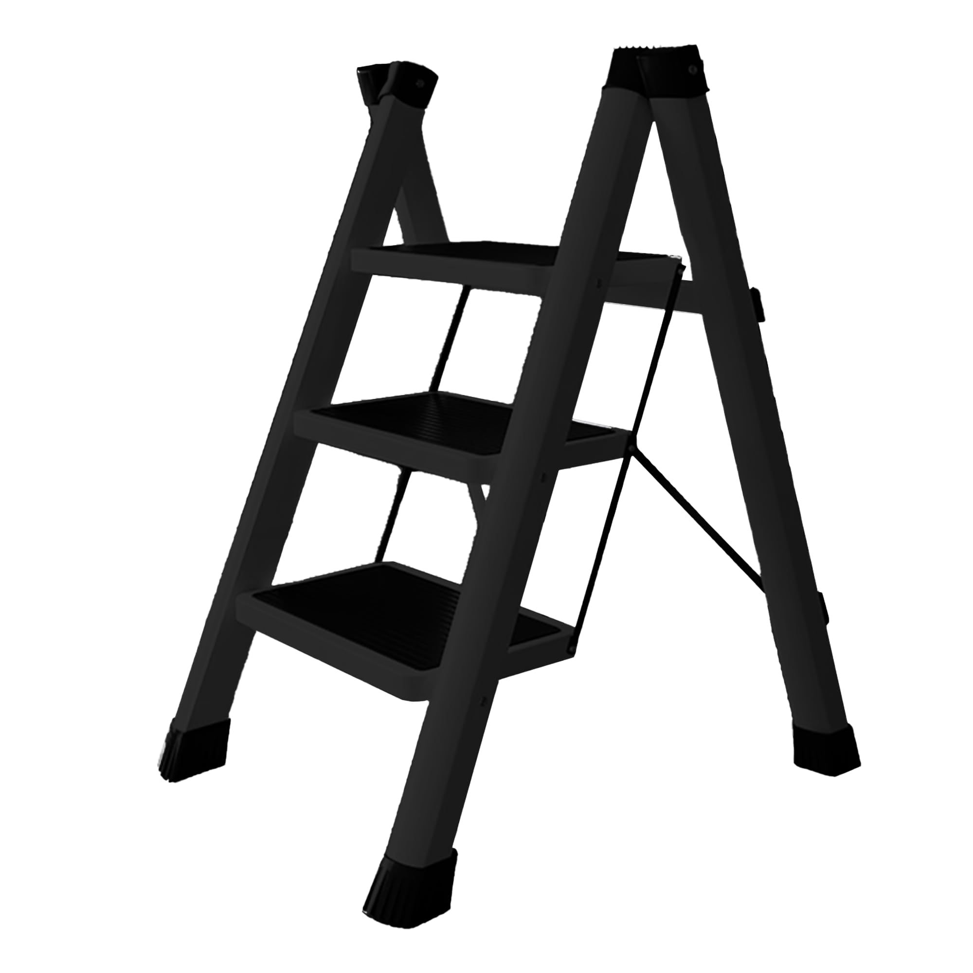DASHLINE Folding 3-Step Step Ladder, with Non-Slip Stool and Tool Holder, 150 KG Capacity, Black, Ideal for House, Kitchen, Home and Office