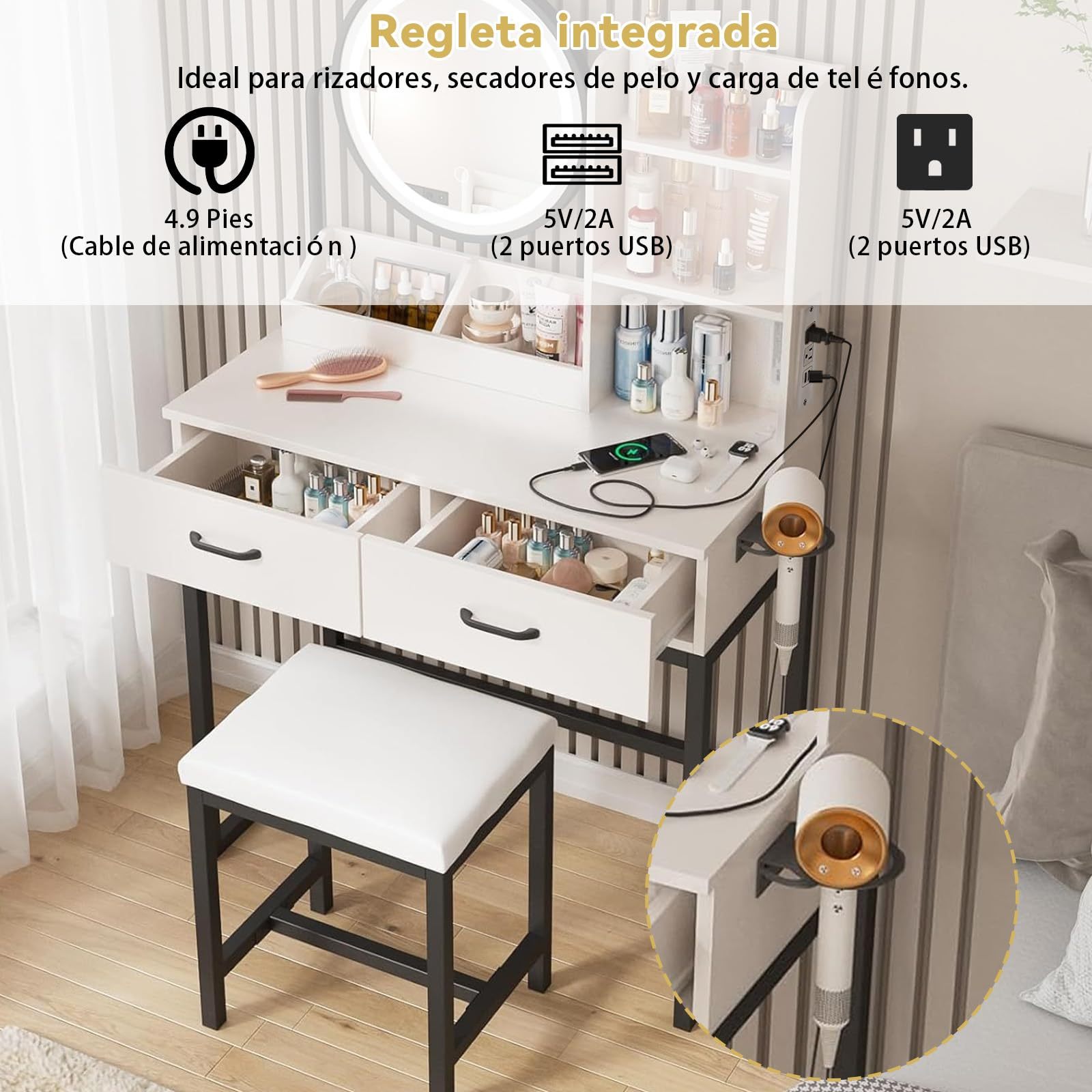 LINGLUCKY Makeup Dressing Table with LED Light Mirror, with Charging Station, Upholstered Stool, Large 2 Drawer Vanity Dressing Table, Minimalist Makeup Furniture, Modern and Luxury Dressing Table, White