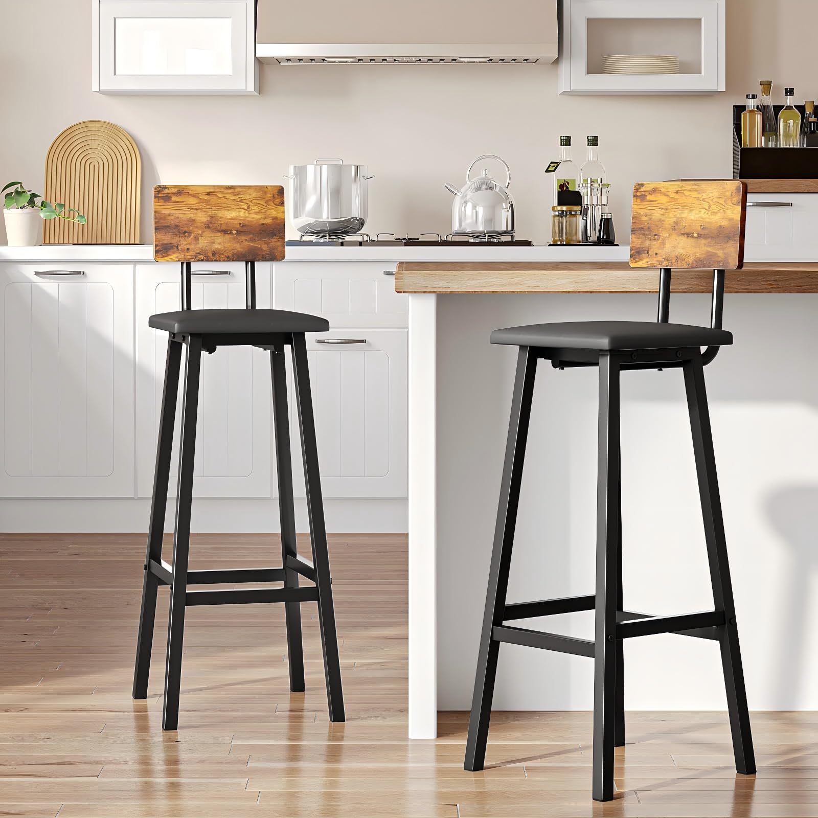 GARUISKY Adjustable Bar Chairs with Backrest and Padded Seat - High Metal Bench for Kitchen and Bar - Industrial Style
