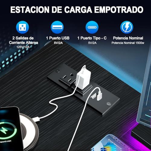 FURRIFIC 【Width 167cm】 Large Computer Desk with Power Strip and RGB LED Lights, Office and Gamer Desk in U/L, Gamer Table with Adjustable Monitor Stand, Black (167 x 100 x 75 cm)