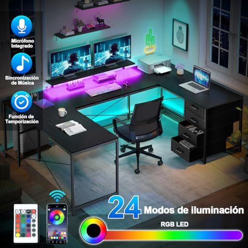 FURRIFIC 【Width 167cm】 Large Computer Desk with Power Strip and RGB LED Lights, Office and Gamer Desk in U/L, Gamer Table with Adjustable Monitor Stand, Black (167 x 100 x 75 cm)