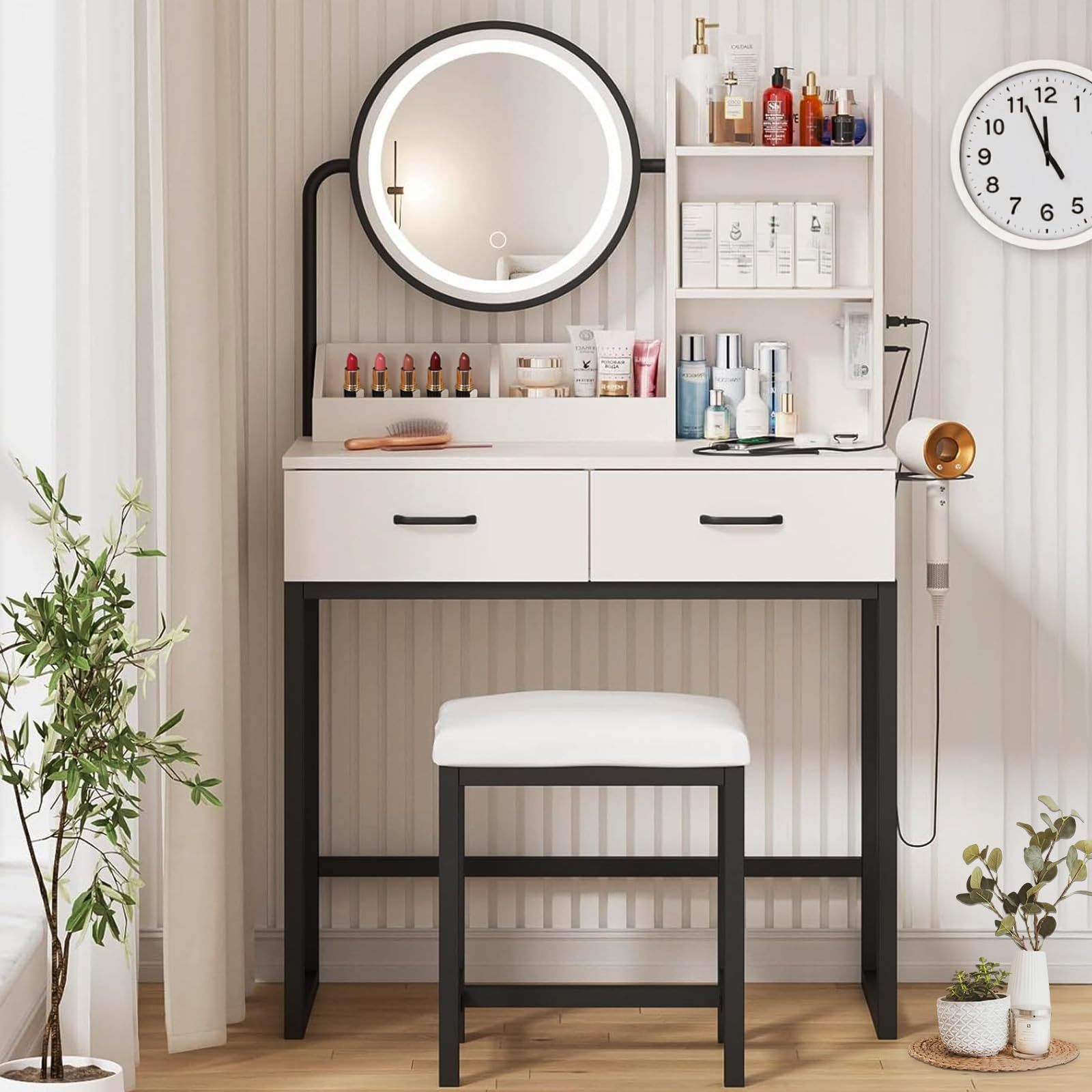 LINGLUCKY Makeup Dressing Table with LED Light Mirror, with Charging Station, Upholstered Stool, Large 2 Drawer Vanity Dressing Table, Minimalist Makeup Furniture, Modern and Luxury Dressing Table, White