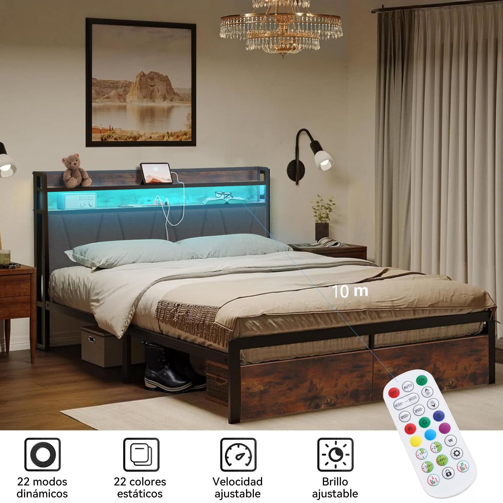QYIKLPY Double Bed Base and Storage Headboard with Led Lights, 2 AC Outlets and 2 USB, with Two Removable Drawers and Headboard, Upholstered Platform, Non-Slip, No Noise (Double/Full)