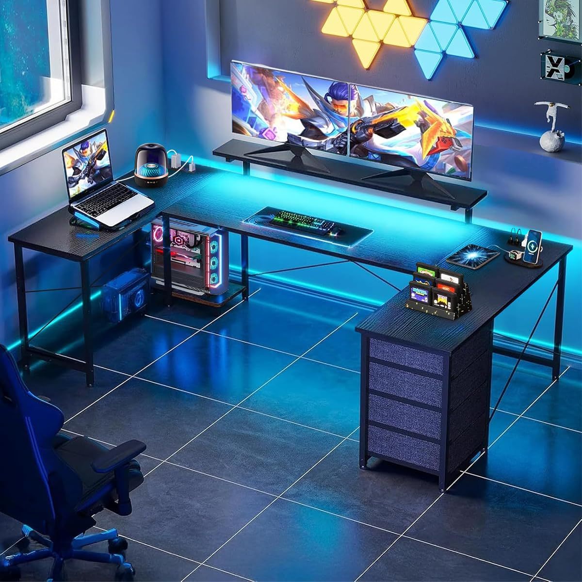 FURRIFIC 【Width 167cm】 Large Computer Desk with Power Strip and RGB LED Lights, Office and Gamer Desk in U/L, Gamer Table with Adjustable Monitor Stand, Black (167 x 100 x 75 cm)