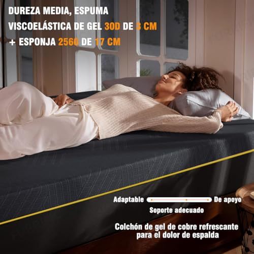 LOKOOY 20cm Memory Foam Double Mattress, Back Pain Mattress, Cooling Copper Gel Bed in a Box, Therapeutic Medium Firmness, Ergonomic Support, 135x190cm, Black