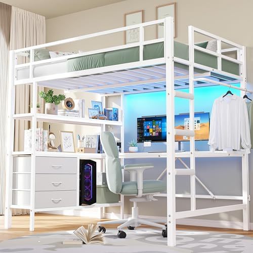 Single Loft Bunk Bed with L-Desk and USB Charging, Loft Bed with RGB LED Lights, 3 Shelves and 3 Fabric Drawers, Sturdy Metal Frame, Bunk Bed with Storage for Kids and Teens