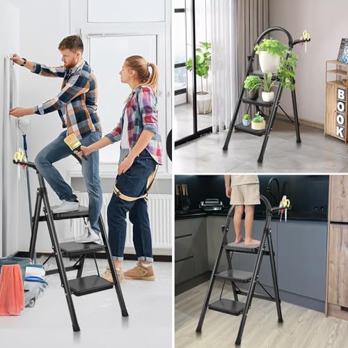 DASHLINE Folding 3-Step Step Ladder, with Non-Slip Stool and Tool Holder, 150 KG Capacity, Black, Ideal for House, Kitchen, Home and Office