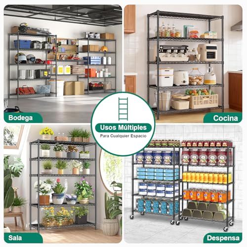 5 Tier Metal Storage Rack (90x35x150CM), Heavy Duty Organizer Shelf, Adjustable Organizer Rack, Shelf, 4 S-Hooks, 5 PP Board, Kitchen, Office, Pantry, Microwave