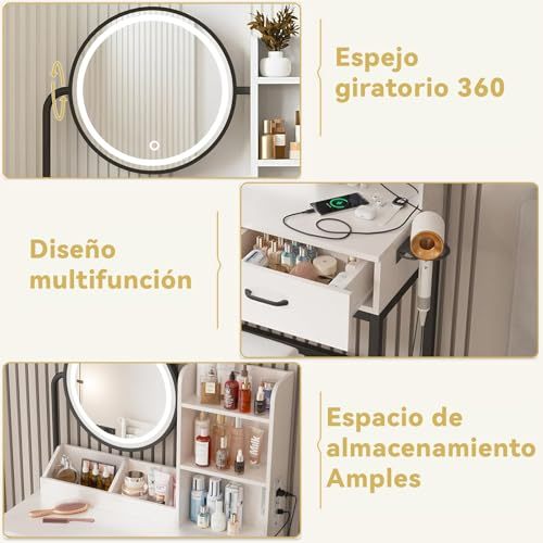 LINGLUCKY Makeup Dressing Table with LED Light Mirror, with Charging Station, Upholstered Stool, Large 2 Drawer Vanity Dressing Table, Minimalist Makeup Furniture, Modern and Luxury Dressing Table, White