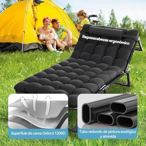 KACOTA Folding Outdoor Cot, Portable Camping Bed for Sleeping Adults, 4 Adjustable Positions, with Mattress and Pillows, Single Portable Bed for Office, Home and House Nap