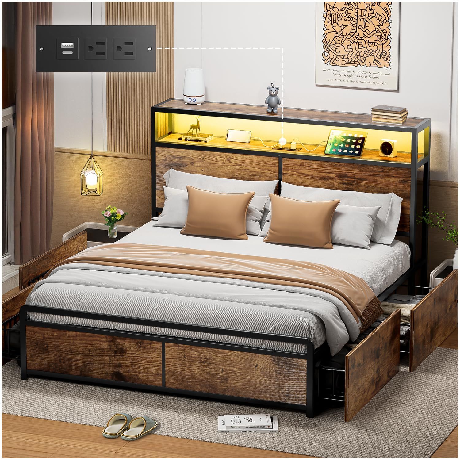 Bed Frame with 4 Drawers, Double Bed Base Headboard with Led Lights, Bed Base with Headboard USB Charging Station and Storage Space, Double Bed Bed Frame Easy Assembly