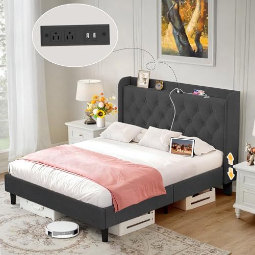 QYIKLPY Double Bed Base with Storage Headboard, Upholstered Bed Base with Charging Station (USB/Type-C), Thickened and Wear-Resistant Fabric, Adjustable Height, 0-35cm Mattress