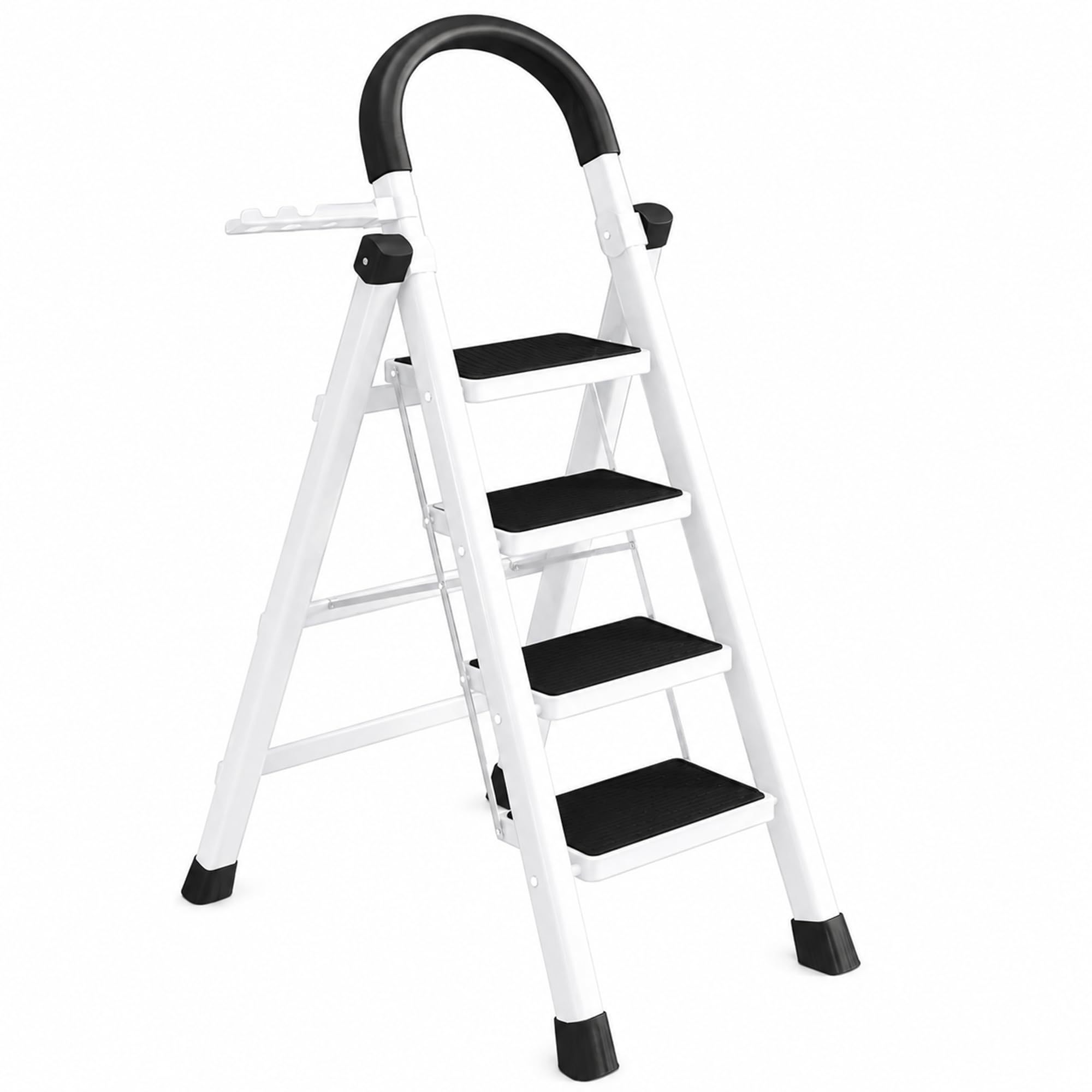 DASHLINE Folding 3-Step Step Ladder, with Non-Slip Stool and Tool Holder, 150 KG Capacity, Black, Ideal for House, Kitchen, Home and Office