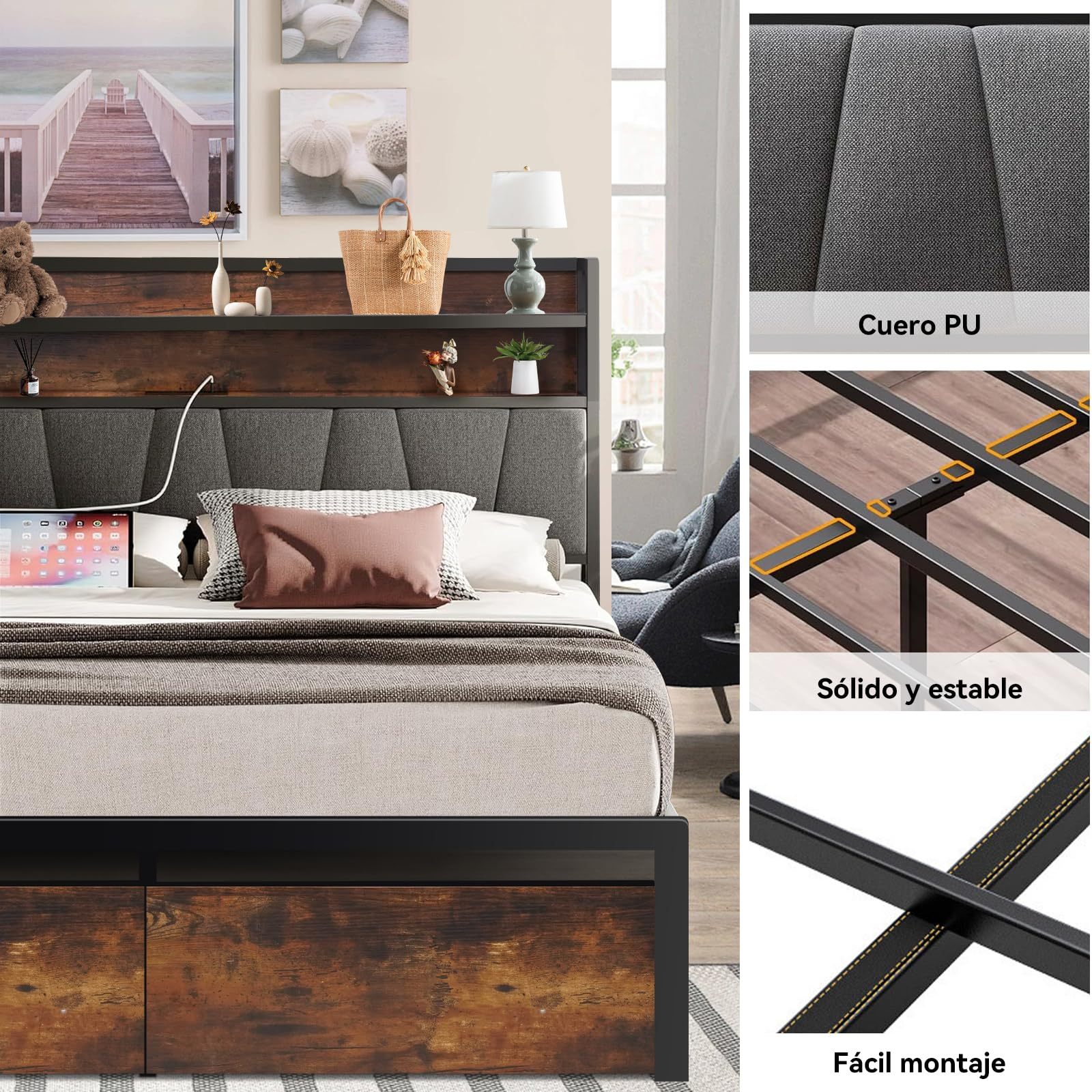 QYIKLPY Double Bed Base and Storage Headboard with Led Lights, 2 AC Outlets and 2 USB, with Two Removable Drawers and Headboard, Upholstered Platform, Non-Slip, No Noise (Double/Full)