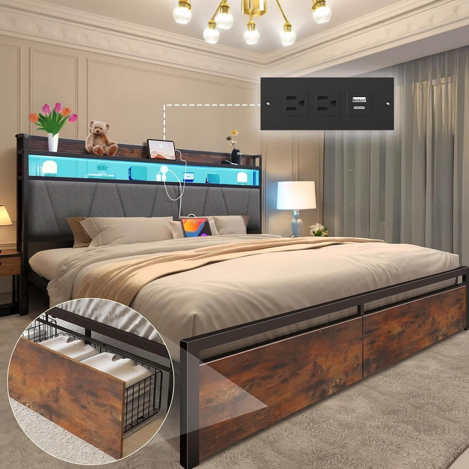 QYIKLPY Double Bed Base and Storage Headboard with Led Lights, 2 AC Outlets and 2 USB, with Two Removable Drawers and Headboard, Upholstered Platform, Non-Slip, No Noise (Double/Full)