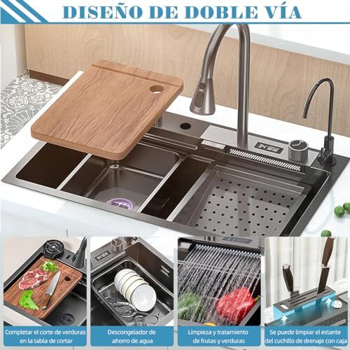 SAFONUS Kitchen Sink with Smart Digital Display, Double Waterfall and 10 Accessories, 304 Stainless Steel Kitchen Sinks, Black Kitchen Sink (80X46cm)