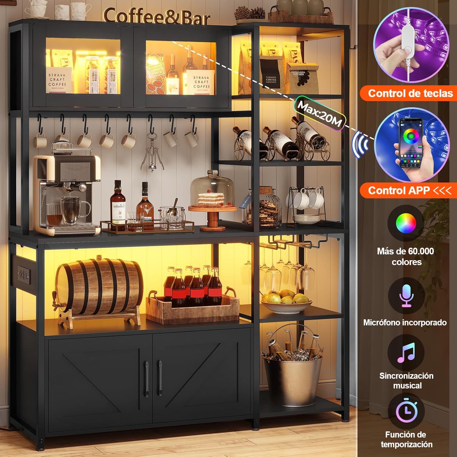 LOKOOY Kitchen Cabinets, Kitchen Shelf with Power Outlet and LED Light, Microwave Cabinet with Storage Space with 8 Hooks, Display Case, Cup Holder, 171×115cm Coffee Bar Furniture