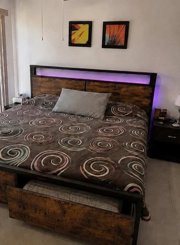 WELIKERA Bed Frame with 2 Drawers, King Bed Headboard Base with Led Lights, Bed Base with Headboard USB Charging Station and Storage Space, King Bed Bed Frame Easy Assembly