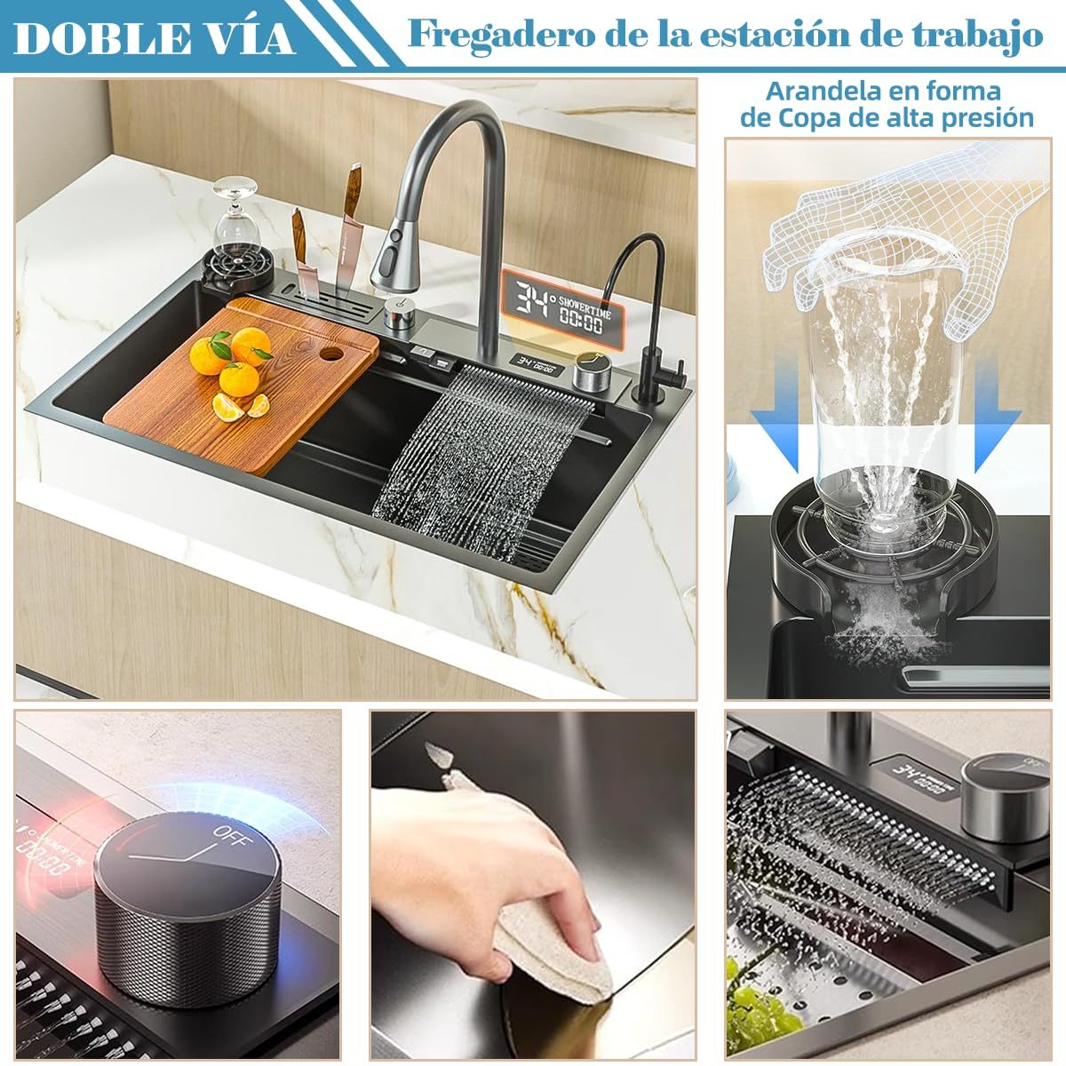 SAFONUS Kitchen Sink with Smart Digital Display, Double Waterfall and 10 Accessories, 304 Stainless Steel Kitchen Sinks, Black Kitchen Sink (80X46cm)