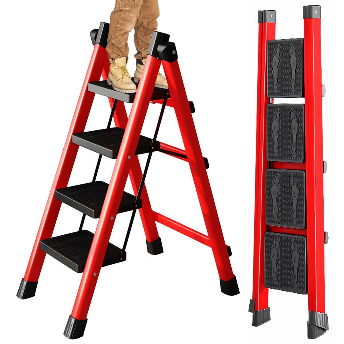 DASHLINE Folding 3-Step Step Ladder, with Non-Slip Stool and Tool Holder, 150 KG Capacity, Black, Ideal for House, Kitchen, Home and Office