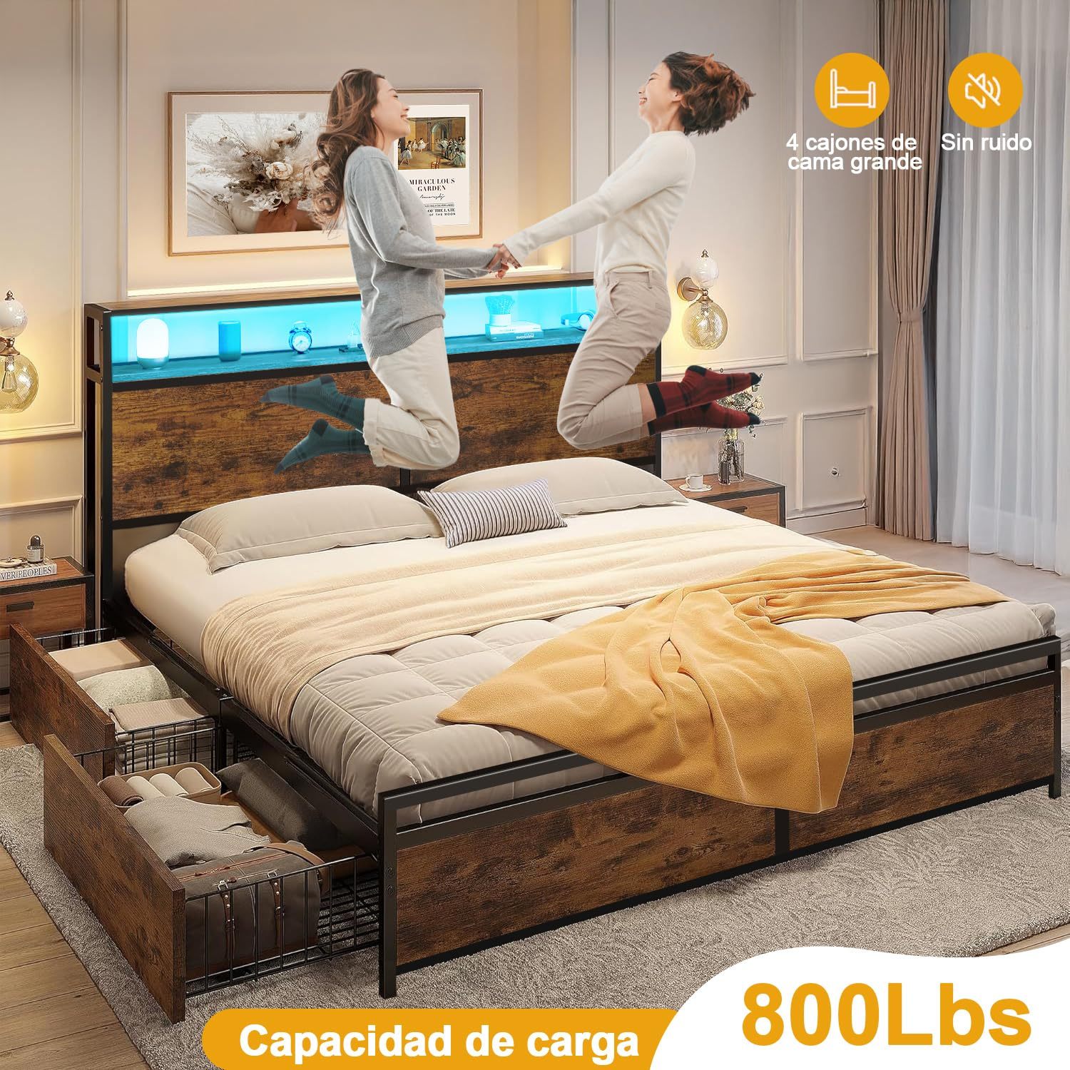 Bed Frame with 4 Drawers, Double Bed Base Headboard with Led Lights, Bed Base with Headboard USB Charging Station and Storage Space, Double Bed Bed Frame Easy Assembly