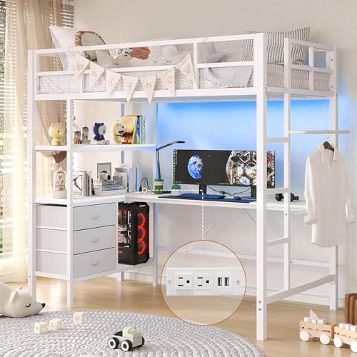 Single Loft Bunk Bed with L-Desk and USB Charging, Loft Bed with RGB LED Lights, 3 Shelves and 3 Fabric Drawers, Sturdy Metal Frame, Bunk Bed with Storage for Kids and Teens