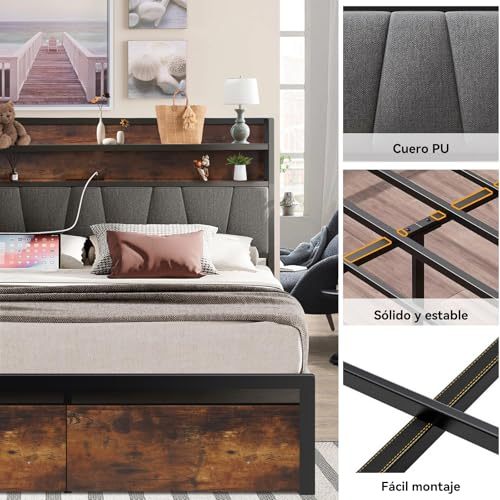 QYIKLPY Double Bed Base and Storage Headboard with Led Lights, 2 AC Outlets and 2 USB, with Two Removable Drawers and Headboard, Upholstered Platform, Non-Slip, No Noise (Double/Full)